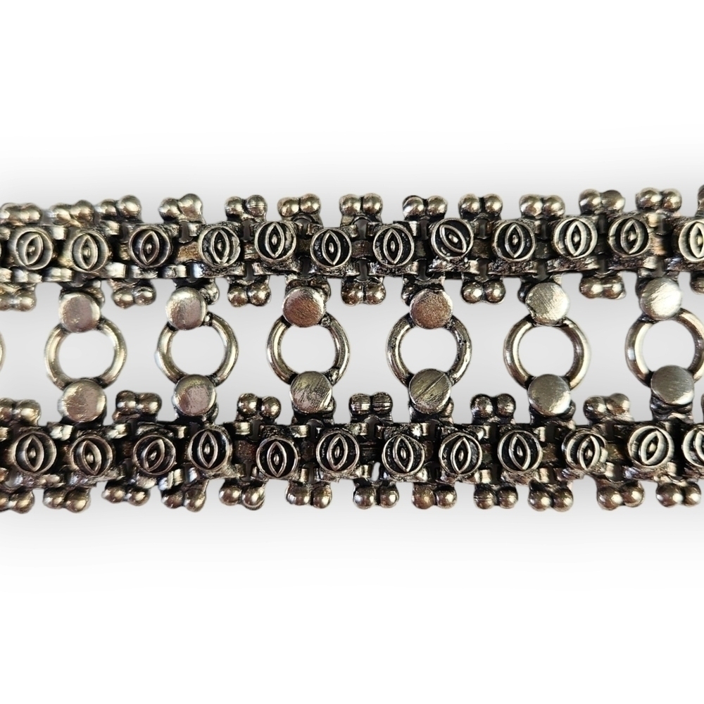 Evil Eye Wide Chain Bracelet Luck Ornate Antiqued Silver Tone Ladder Link 8"